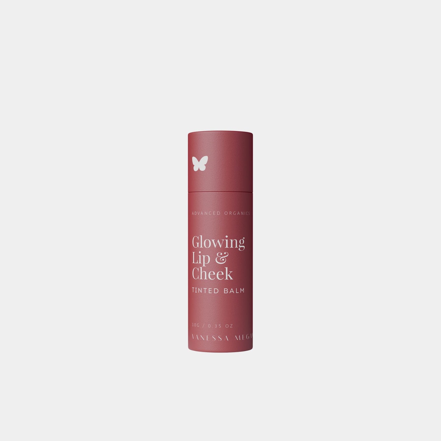 Vanessa Megan Glowing Lip & Cheek Tinted Balm in compostable tube, natural pigment for lips and cheeks.