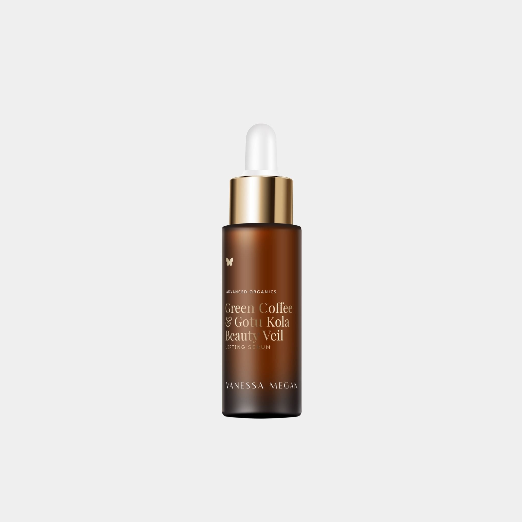 Vanessa Megan Green Coffee and Gotu Kola Beauty Veil Lifting Serum, natural firming and brightening facial serum, available at Intentionally Natural NZ.