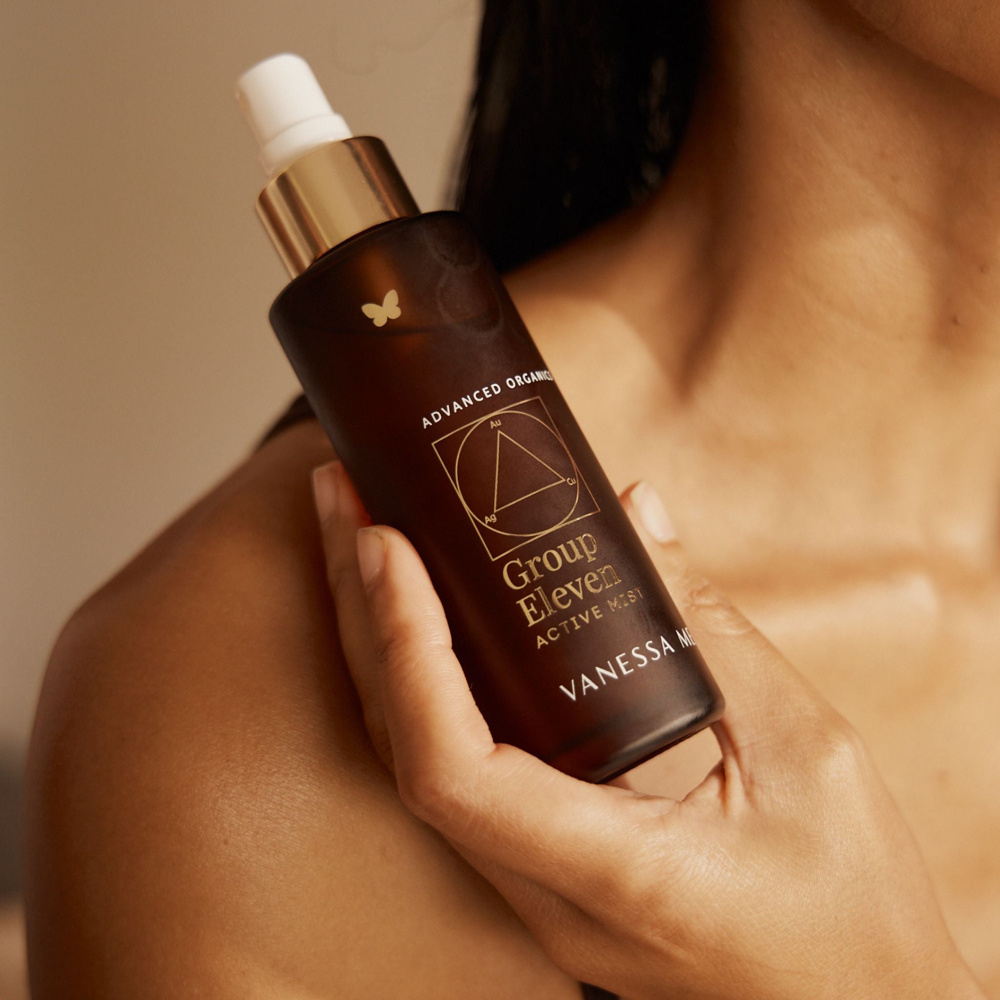 Vanessa Megan Group Eleven Active Mist natural face mist held against skin for hydration and glow.