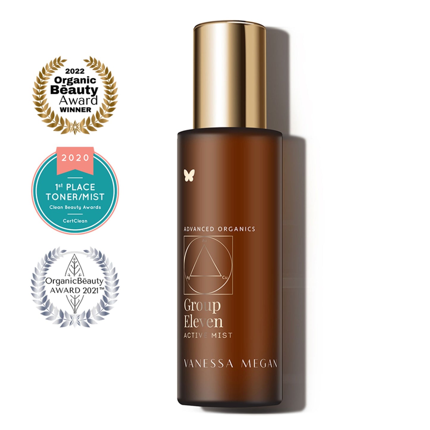 Vanessa Megan Group Eleven Active Mist natural hydrating facial mist with award-winning badges.