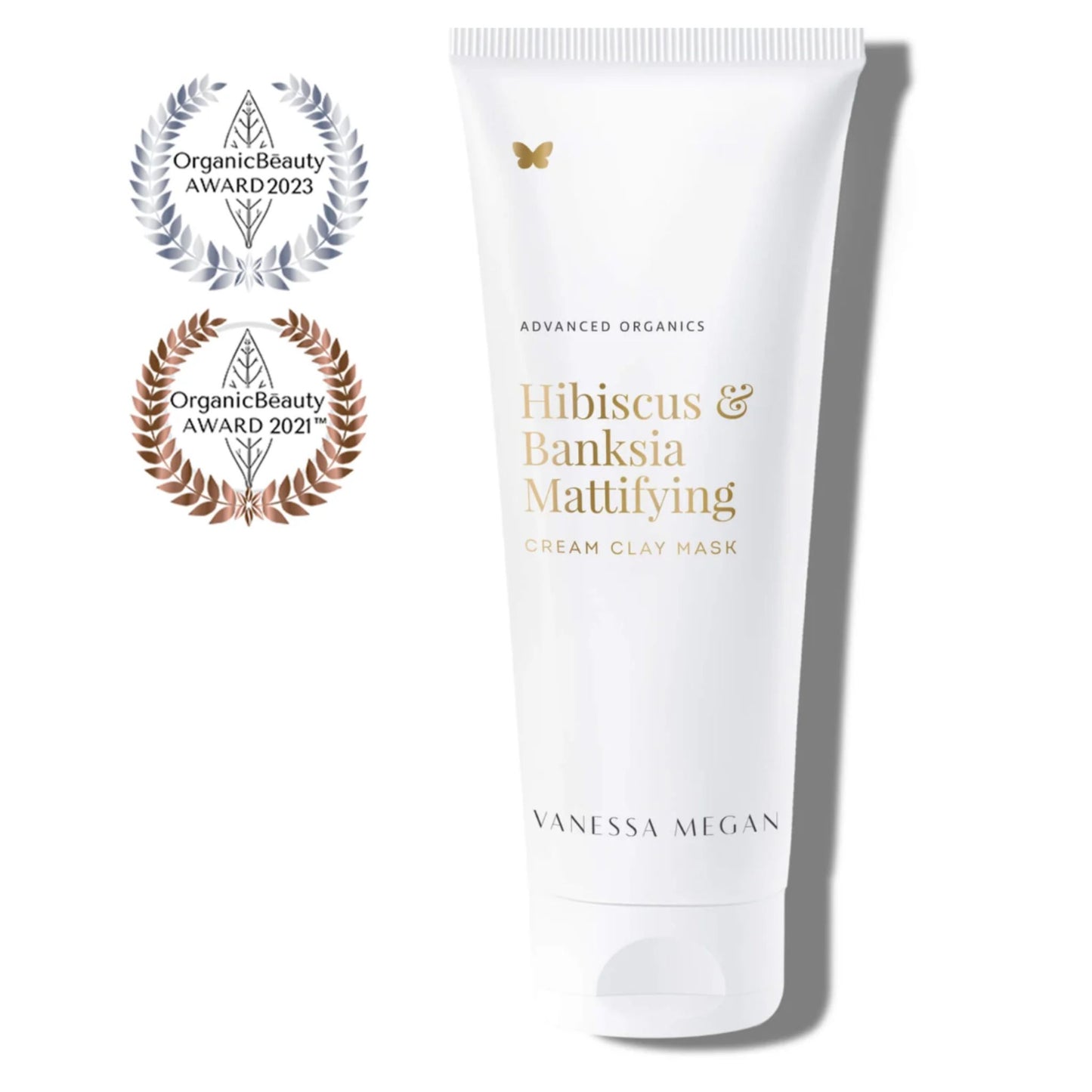 Vanessa Megan Hibiscus and Banksia Mattifying Cream Clay Face Mask in 100% sugarcane recyclable tube with Organic Beauty Award 2023 and 2021 badges.