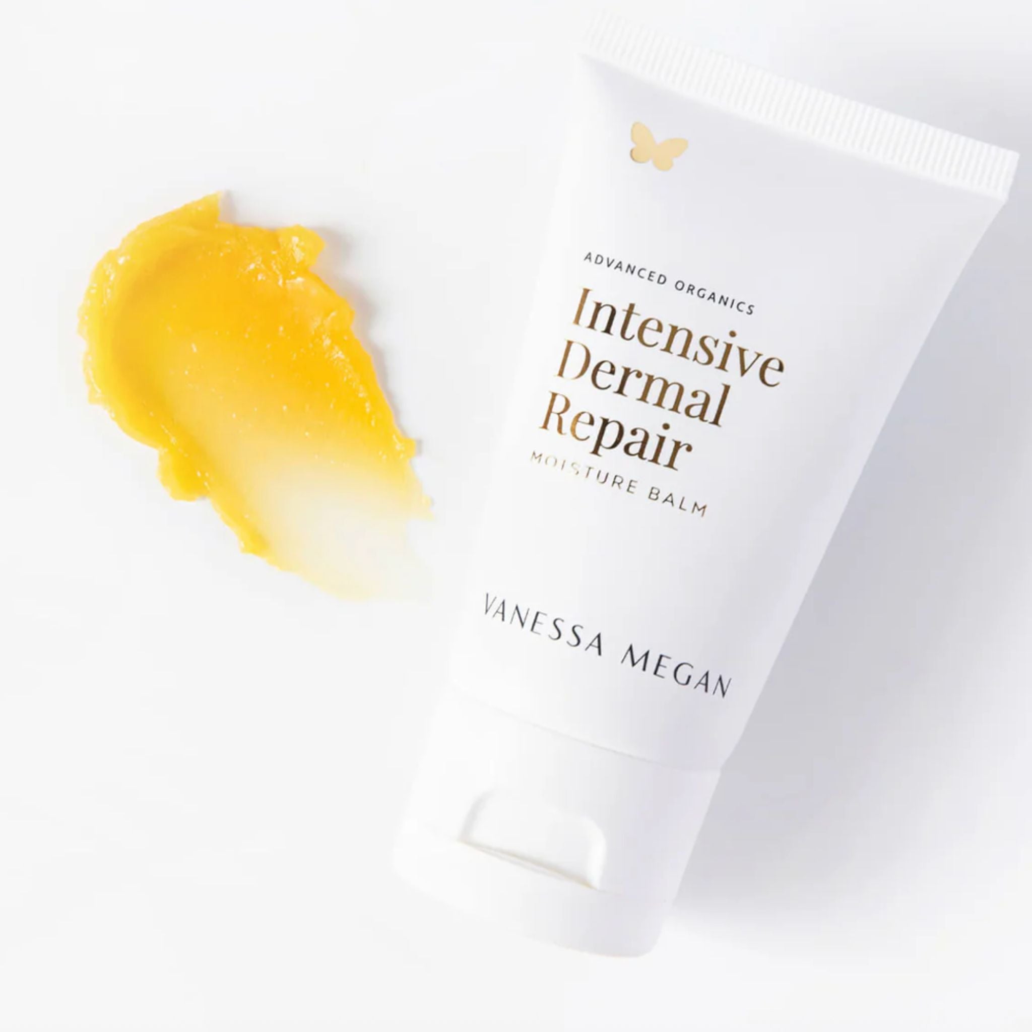 Vanessa Megan Intensive Dermal Repair Moisture Balm with golden balm texture swatch – deeply hydrating organic formula for dry, damaged or sensitive skin.