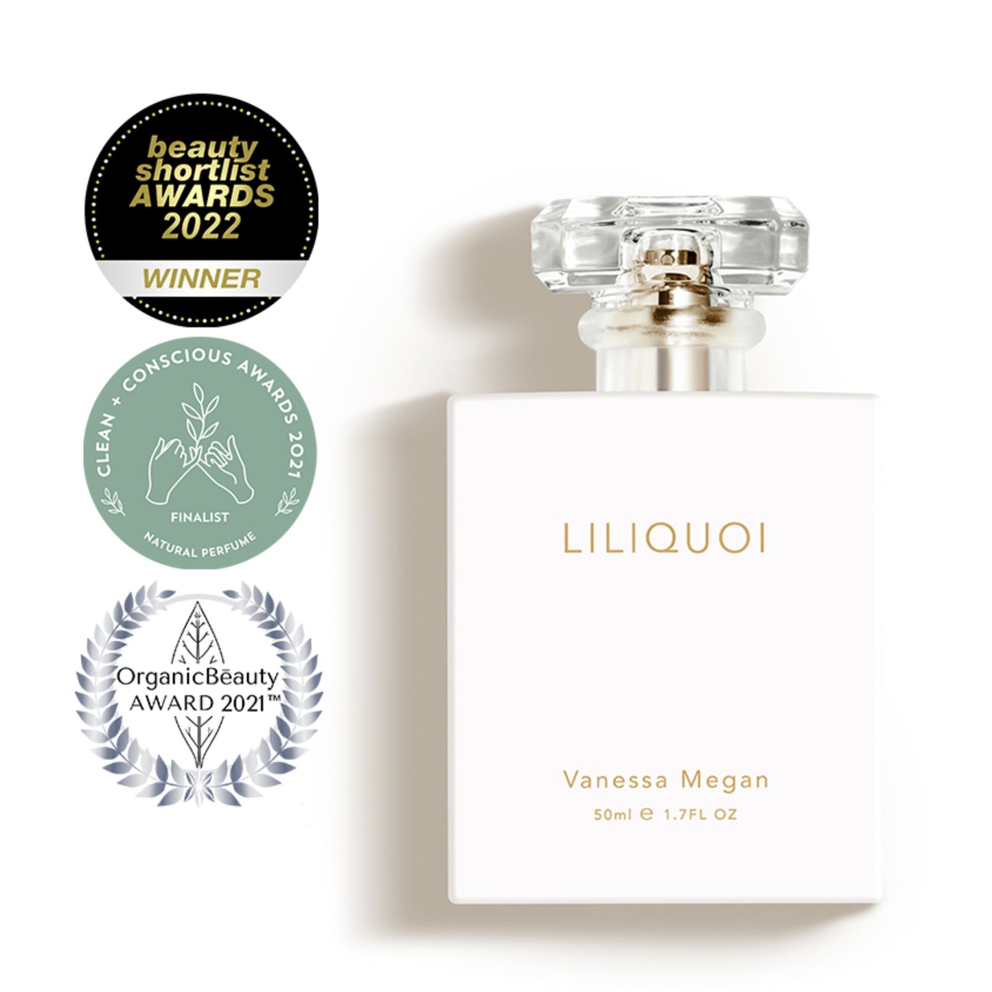 Vanessa Megan Liliquoi 100% Natural Perfume alongside three awards including Beauty Shortlist Awards 2022, Clean + Conscious Awards 2021 and Organic Beauty Award 2021.