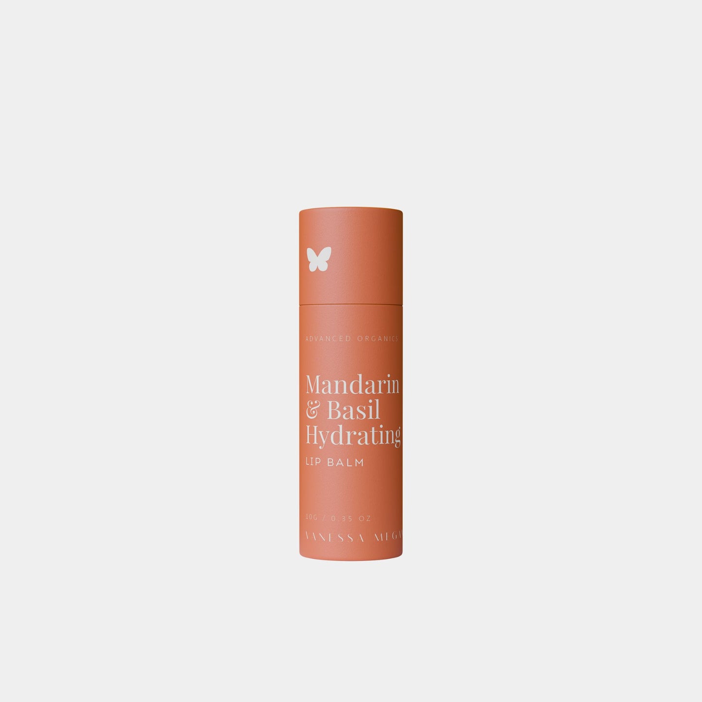 Vanessa Megan Mandarin & Basil Hydrating Lip Balm in compostable tube, made with organic ingredients to nourish and protect dry lips naturally.