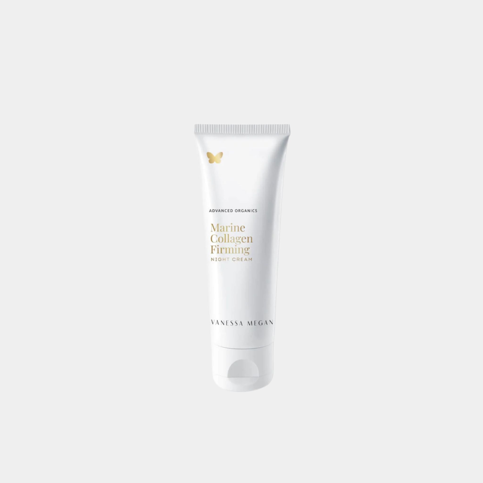 Vanessa Megan Marine Collagen Firming Night Cream in white tube made from 100% sugarcane and recyclable packaging with gold accents on a clean white background.