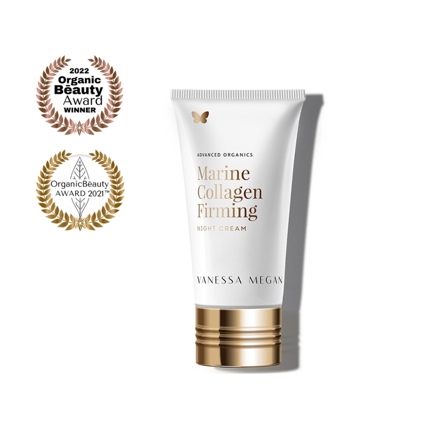 Vanessa Megan Marine Collagen Firming Night Cream in recyclable sugarcane tube with Organic Beauty Award winner badges.