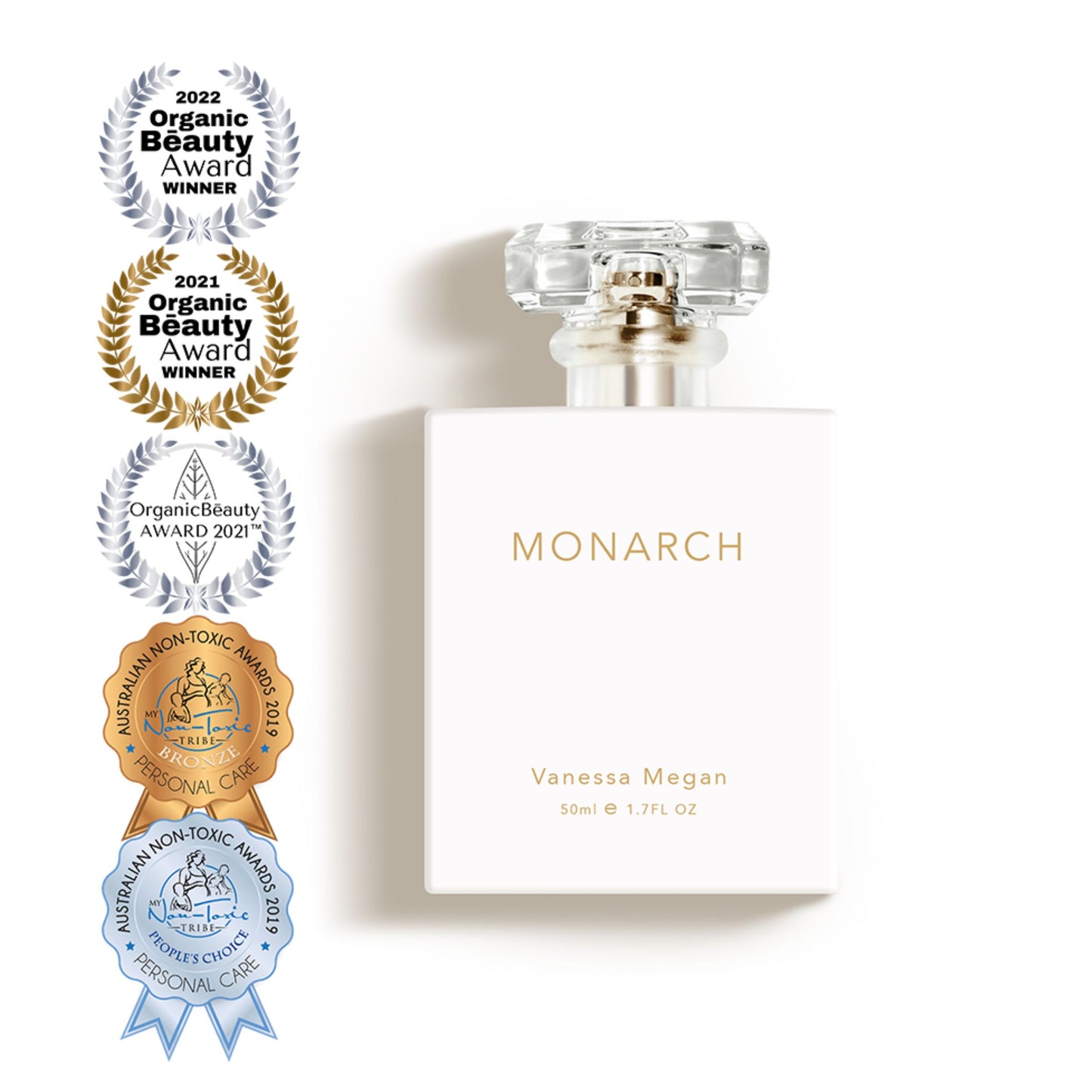 Vanessa Megan Monarch Perfume bottle beside a column of multiple beauty and non-toxic award seals, showcasing its accolades and trusted natural formulation.