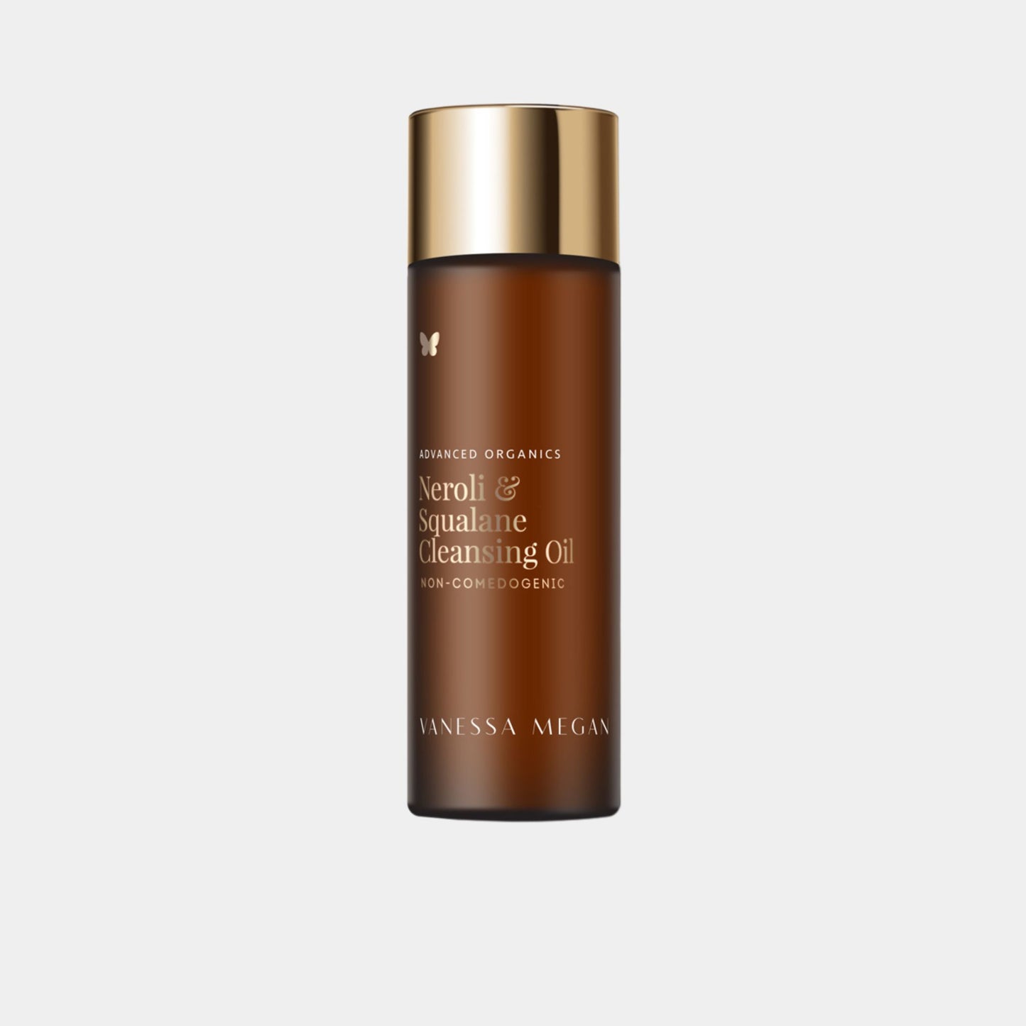 Vanessa Megan Neroli and Squalane Cleansing Oil in amber glass bottle with gold cap.