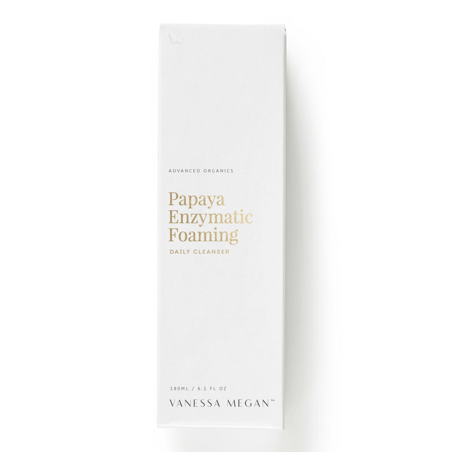 Vanessa Megan Papaya Enzymatic Foaming Daily Cleanser retail packaging showcasing advanced organic daily facial cleanser.