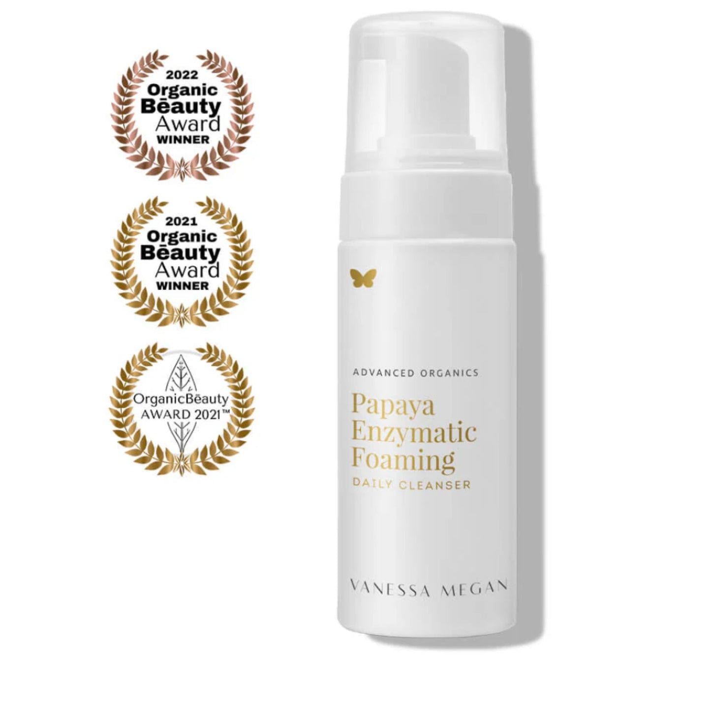 Vanessa Megan Papaya Enzymatic Foaming Cleanser displayed alongside Organic Beauty Award winner badges recognising its excellence in natural skincare.