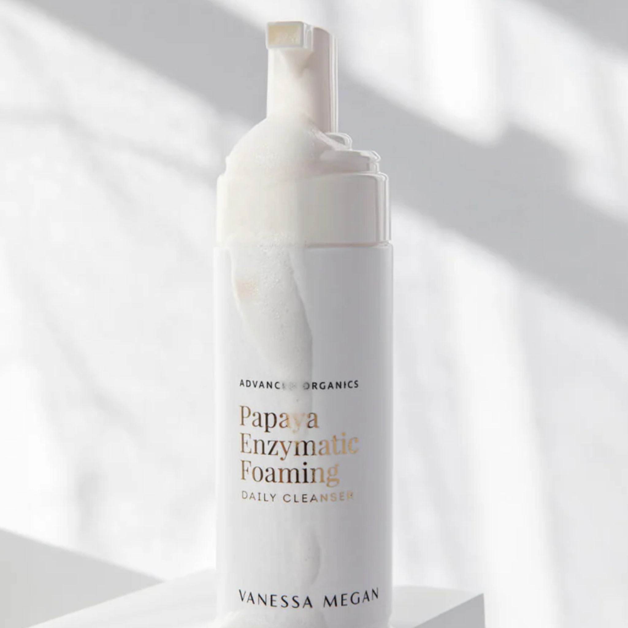 Vanessa Megan Papaya Enzymatic Foaming Daily Cleanser with rich foaming texture demonstrating gentle daily cleansing action.