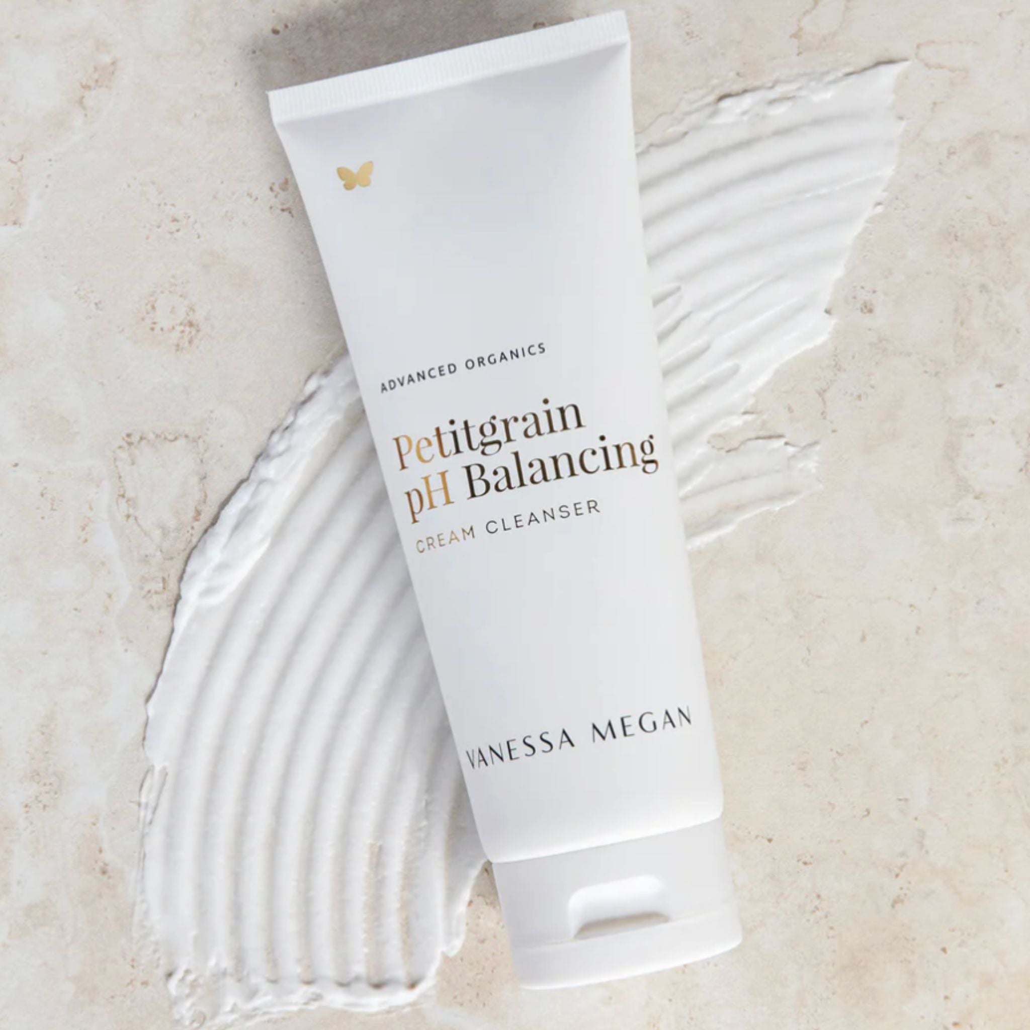 Vanessa Megan Petitgrain pH Balancing Cleanser swatched on surface – creamy natural cleanser for dry and sensitive skin.