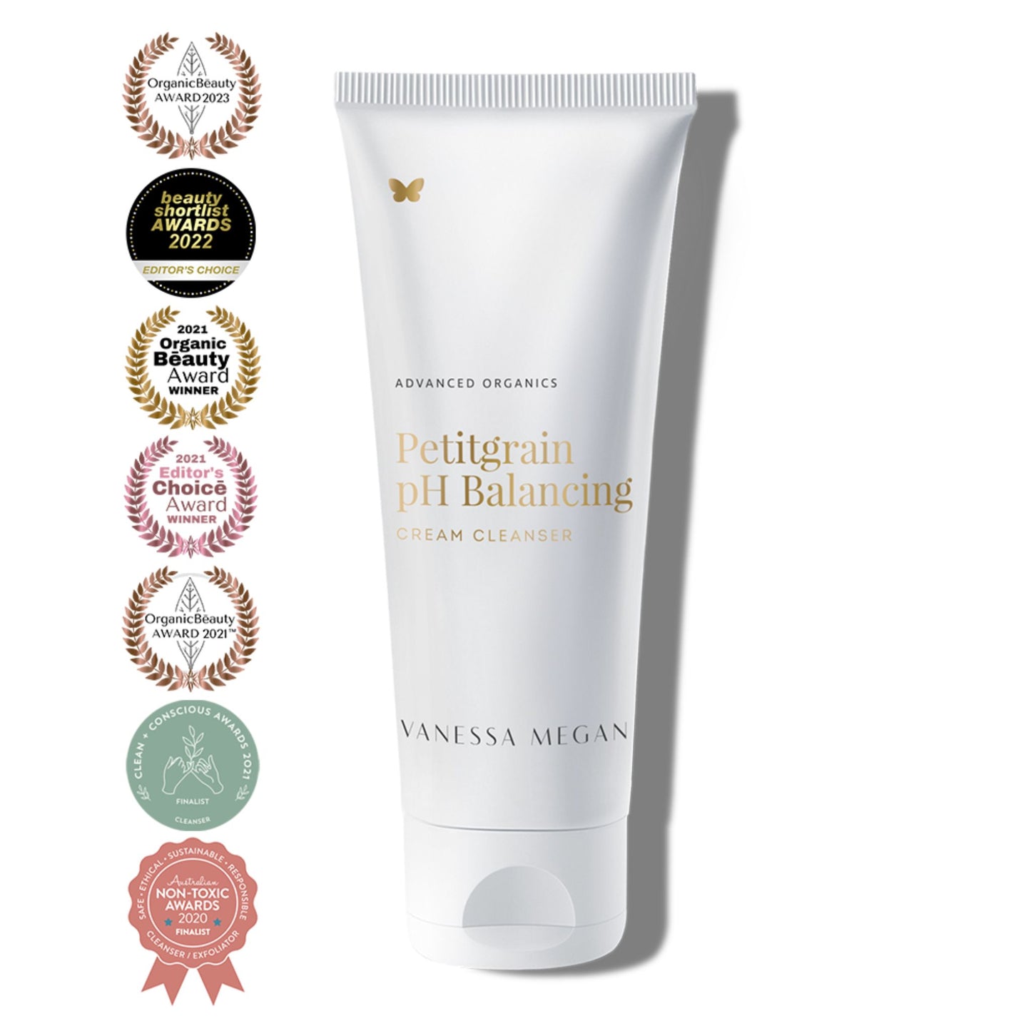 Vanessa Megan Petitgrain pH Balancing Cream Cleanser with award badges – award-winning natural cream cleanser for balanced skin