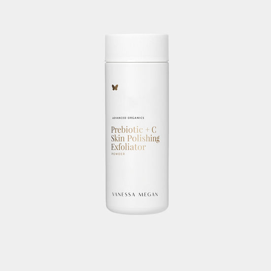 Vanessa Megan Prebiotic + C Skin Polishing Exfoliating Powder 75g vitamin C face exfoliator in powder dispenser with twist lid.