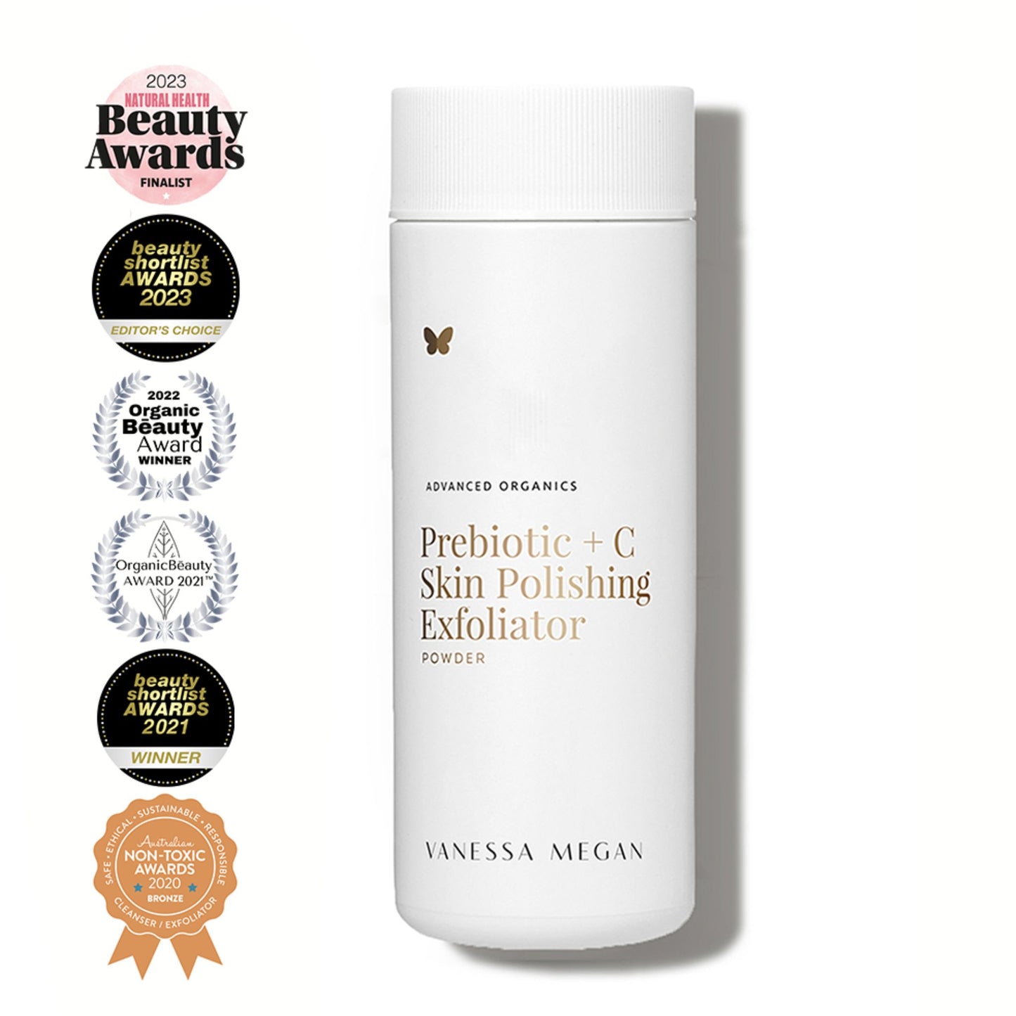 Vanessa Megan Prebiotic + C Skin Polishing Exfoliating Powder 75g vitamin C face exfoliator with Organic Beauty Award winner and Beauty Shortlist Awards badges.