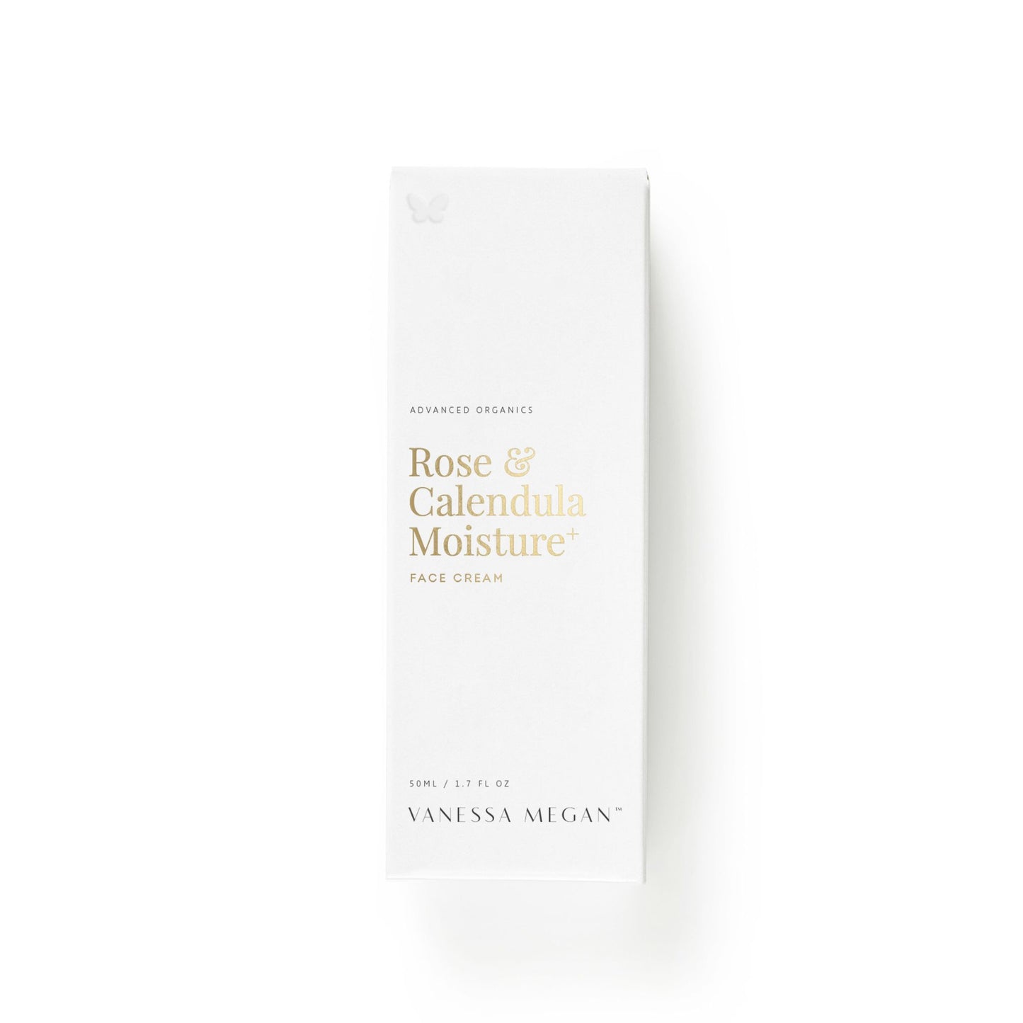 Vanessa Megan Rose and Calendula Moisture+ Face Cream 50ml hydrating botanical face moisturiser boxed packaging.