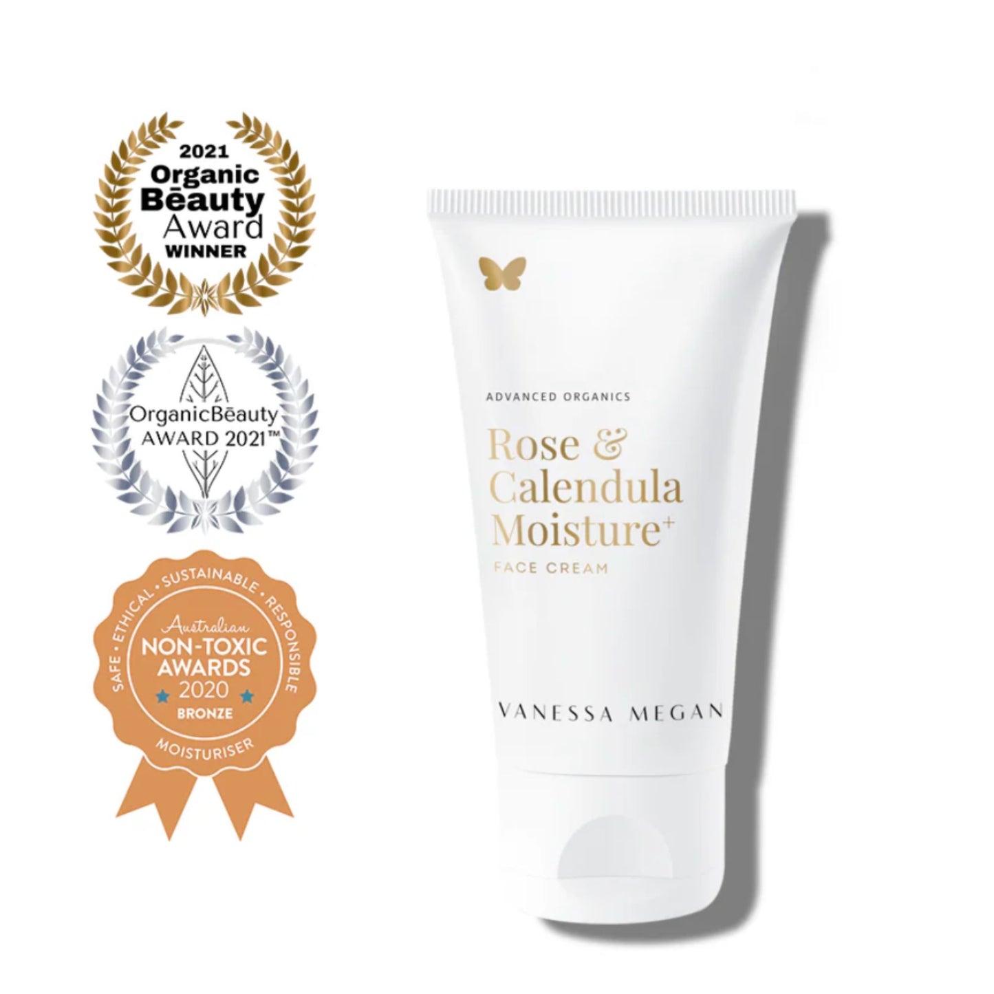 Vanessa Megan Rose and Calendula Moisture+ Face Cream with Organic Beauty Award and Australian Non Toxic Awards badges.