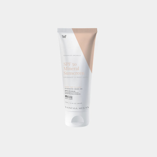 Vanessa Megan SPF 50 Mineral organic, reef-safe sunscreen with Zinc Oxide for broad-spectrum protection in tube at Intentionally Natural NZ.