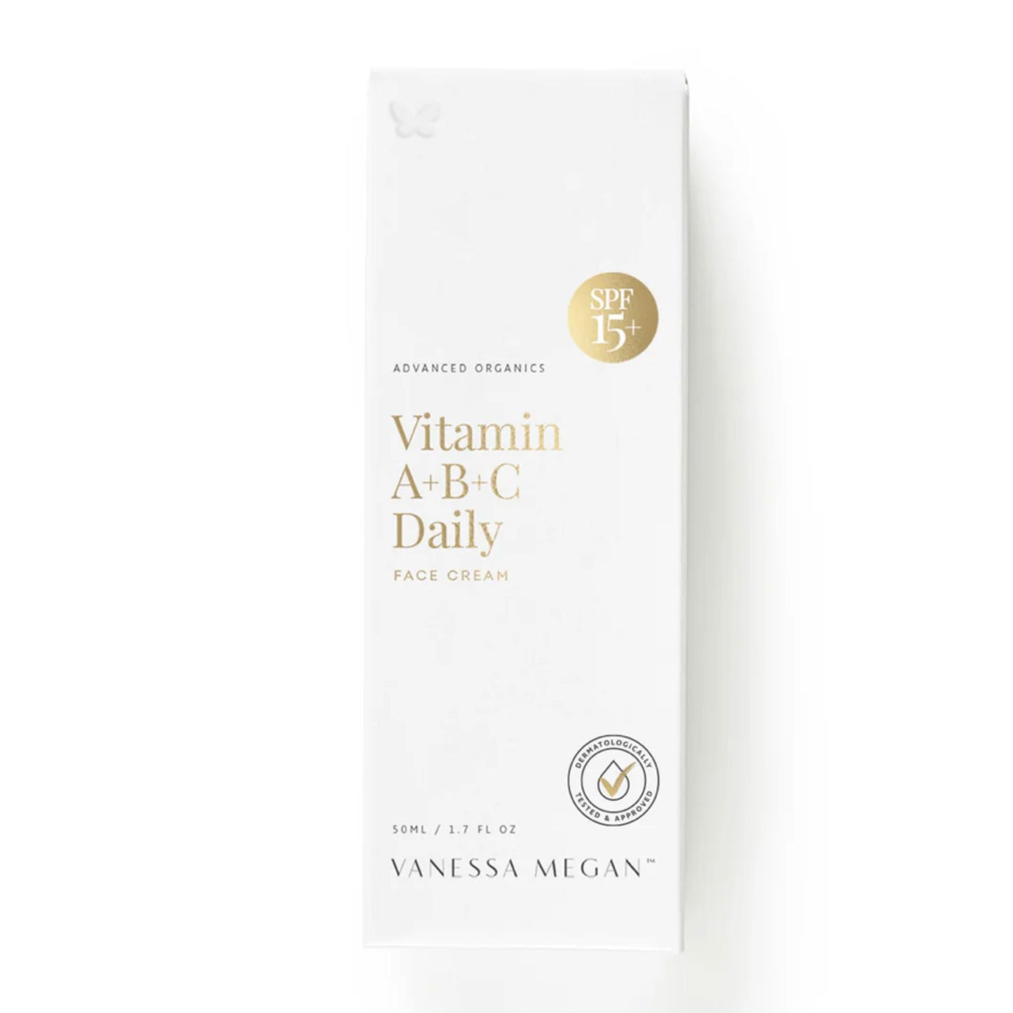 Vanessa Megan Vitamin A+B+C Daily Face Cream SPF15+ box packaging 50ml, advanced organic moisturiser with mineral sun protection, natural skincare NZ,