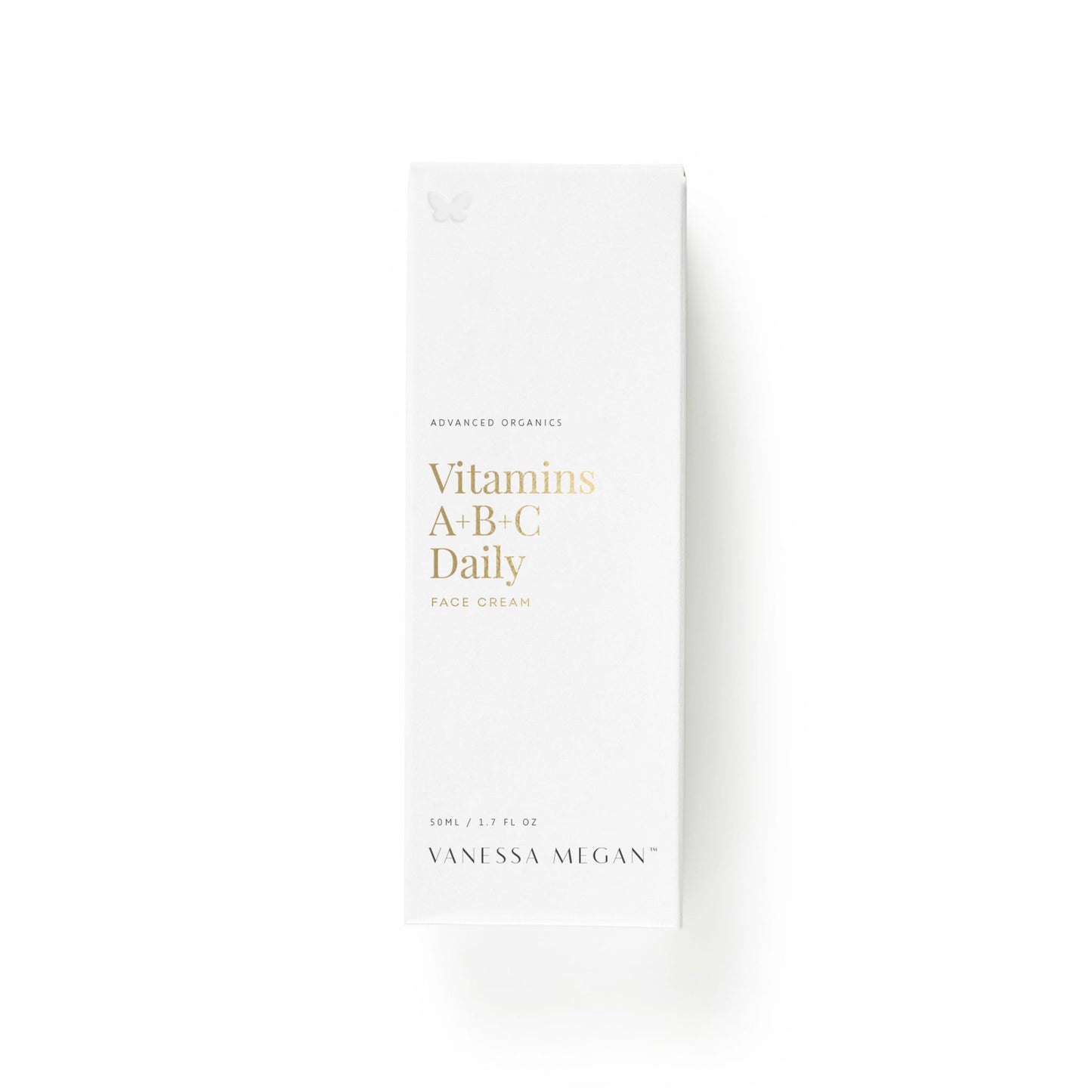 Vanessa Megan Vitamin A+B+C Daily Face Cream retail packaging in minimalist white and gold recyclable cardboard packaging.