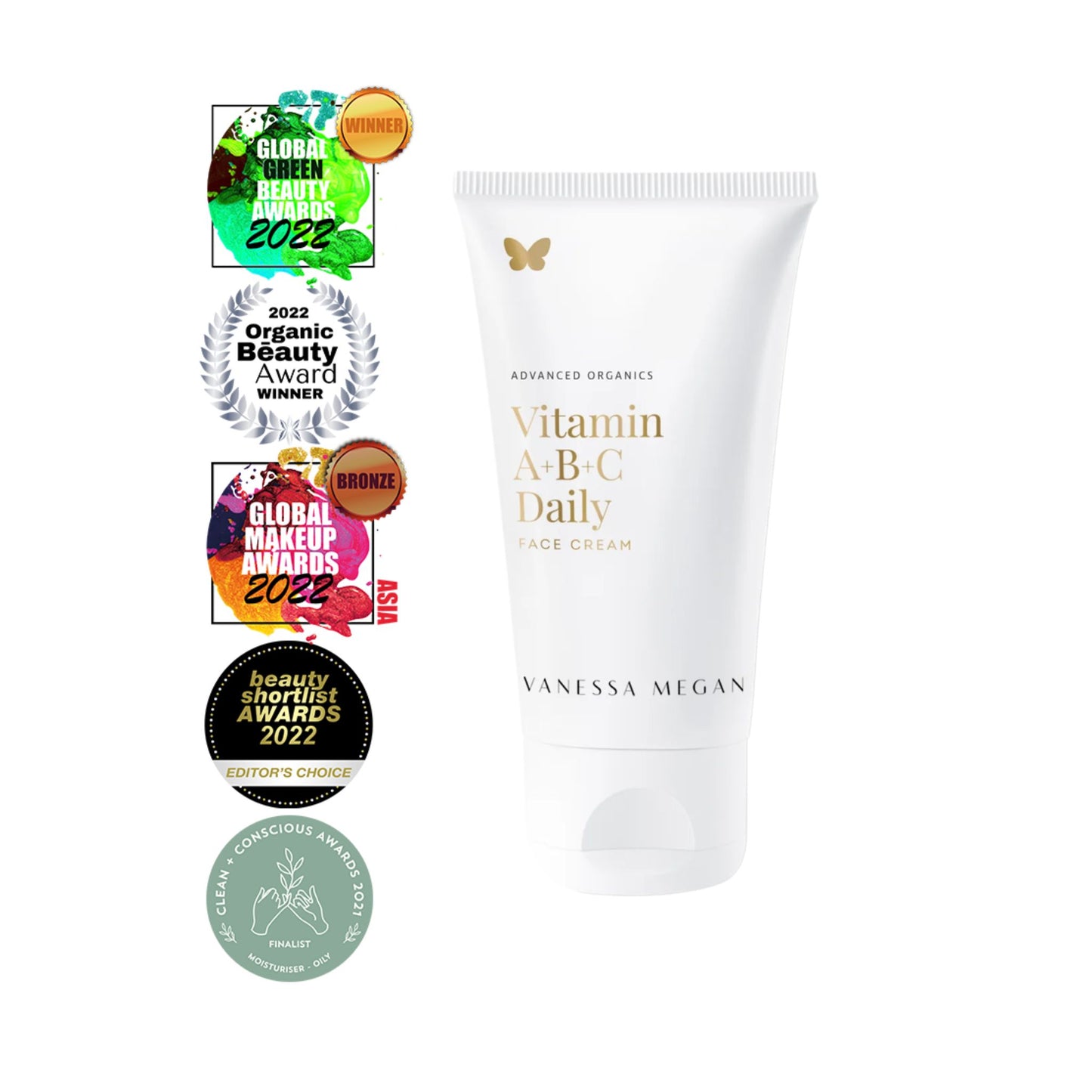 Vanessa Megan Vitamin A+B+C Daily Face Cream with multiple international beauty award badges recognising excellence in natural skincare.